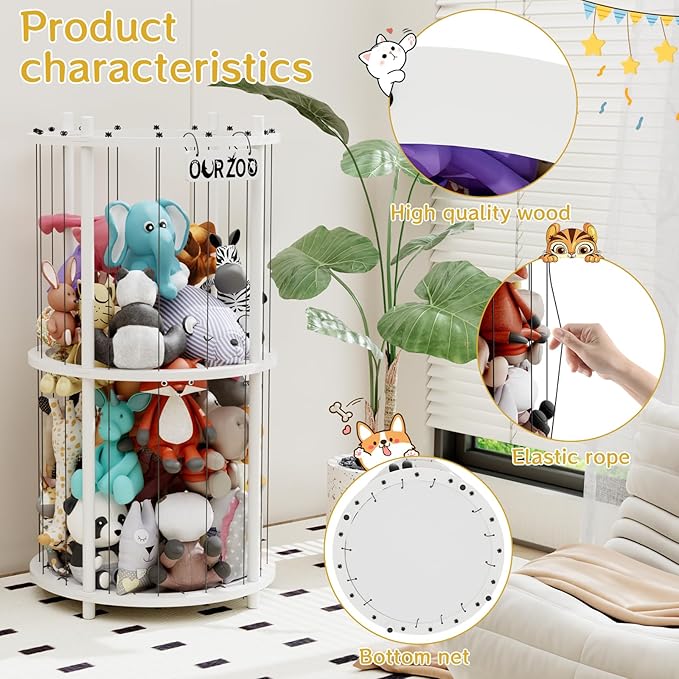 Wood Stuffed Animal Zoo Storage Cage, Extra Large Stuffed Animals Storage Bin Display, for Kids Room, Playroom, Plushies, Stuffy, Plush Toy, Stuff Animal Jail Basket, Toys Organizer Holder