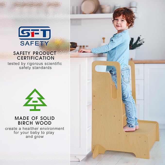 Large Kids Step Stool with Handles, Wooden Step Stool for Kids with Safety Anti-Slip Mats, Toddler Step Stool for Bathroom Sink, Kitchen, Toilet Potty Training, Washing Hands and Brushing Teeth