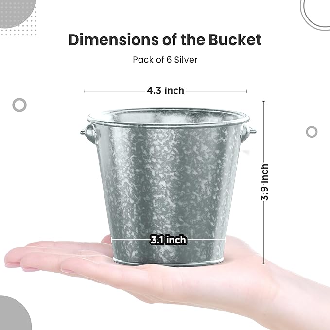 Small Metal Buckets with Handle 6 Pcs – Galvanized Bucket Leak Proof & Rust Resistant 20 fl oz Capacity - Best for Party Décor, Organizing & Decorating Classrooms (Silver, Small 4.3" Top)