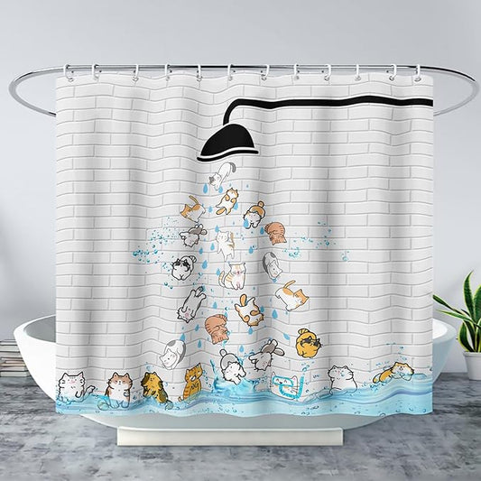 AILONEN Cute Cat Shower Curtain for Kids 36" W*72" H Inch,Colorful Animals Playing Water Kids Lovely Funny Hilarious Shower Curtain,12 Pack Hooks Polyester Waterproof Fabric Decor for Bathroom