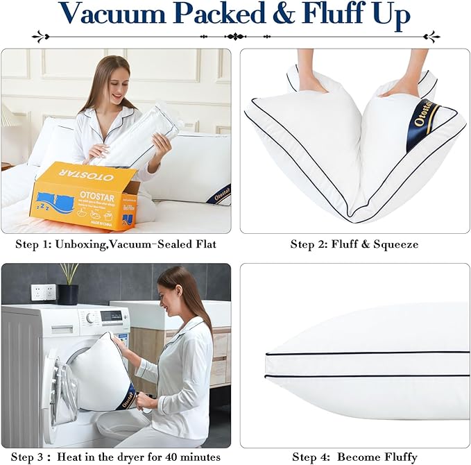 OTOSTAR Pillows King Size Set of 4 Bed Pillows for Sleeping Cooling Pillows 4 Pack with 3D Microfiber Filling Breathable Cover Pillows for Back Stomach or Side Sleepers Soft Fluffy Pillows for Bed