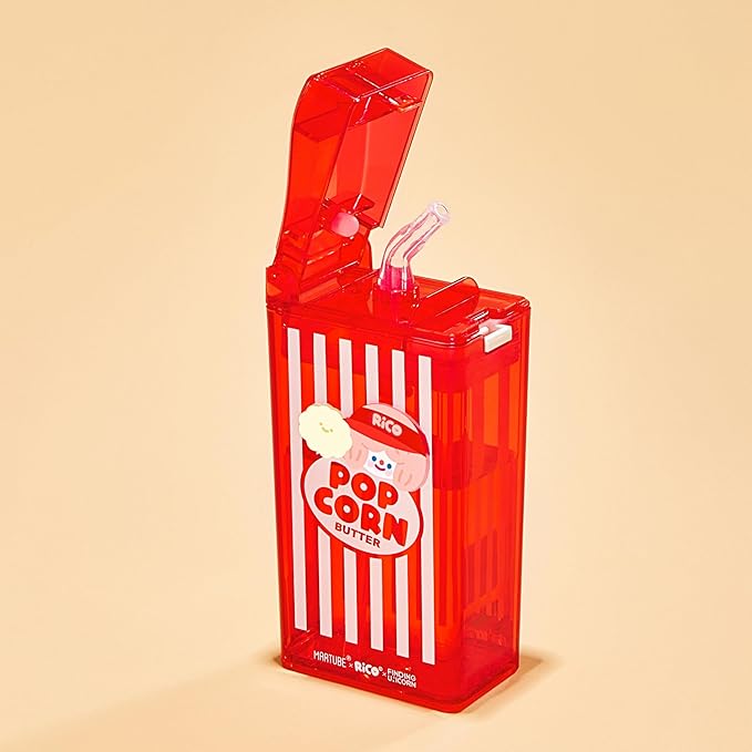 Cute Popcorn Water Bottle with Straw, Portable Water Bottle with Leak-Proof, Pop-Up Spout Cover for School, Sports, Hiking, Camp & More（8.45 oz）