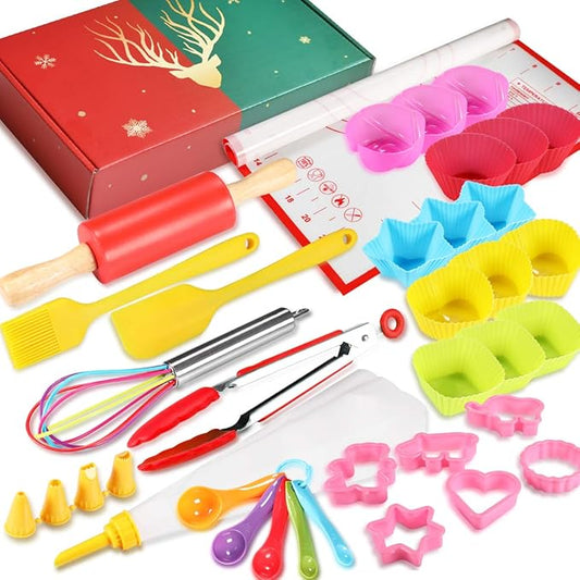 Kids Cooking and Baking Set 40 Pcs with Gift Box, Real Kitchen Utensils Kit for Children Toddlers Teens, Gift for Girls&Boys, Nonstick Rolling Pin Silicone Pastry Mat Cupcake Molds