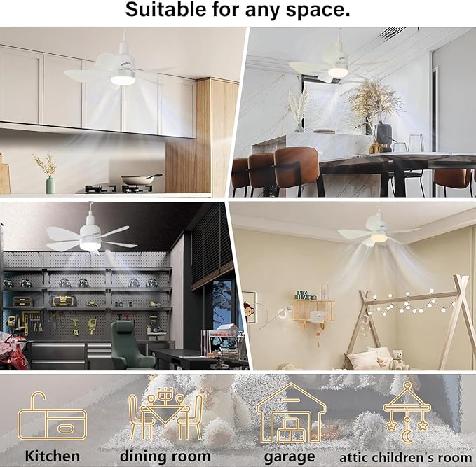 Socket Fan Light Ceiling Fans with Lights and Remote,19''Light Socket Fan with Dimmable Led Light Bulb, 3 Colors 3000k-6500k,Socket Room Fan for Bedroom