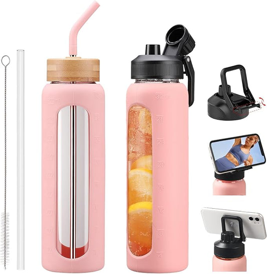 Glass Water Bottles with Straw -32oz- Water Bottle Phone Holder for Gym Large Motivational Water Bottle with Time Marker Glass Drinking Bottles 2 Lids - Spout & Bamboo Straw Lid(Pink)