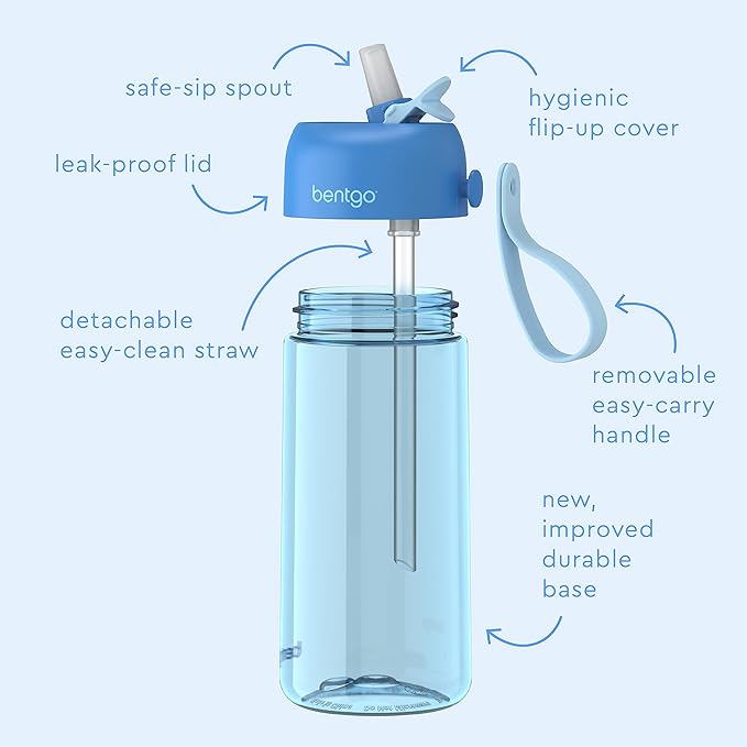 Bentgo Kids Water Bottle - Leak-Proof, Durable Tritan™, BPA-Free 15 oz. Cup for Kids/Toddlers Ages 3+ - Flip-Up Straw & Dishwasher Safe for School, Sports, Daycare & Camp (Blue)