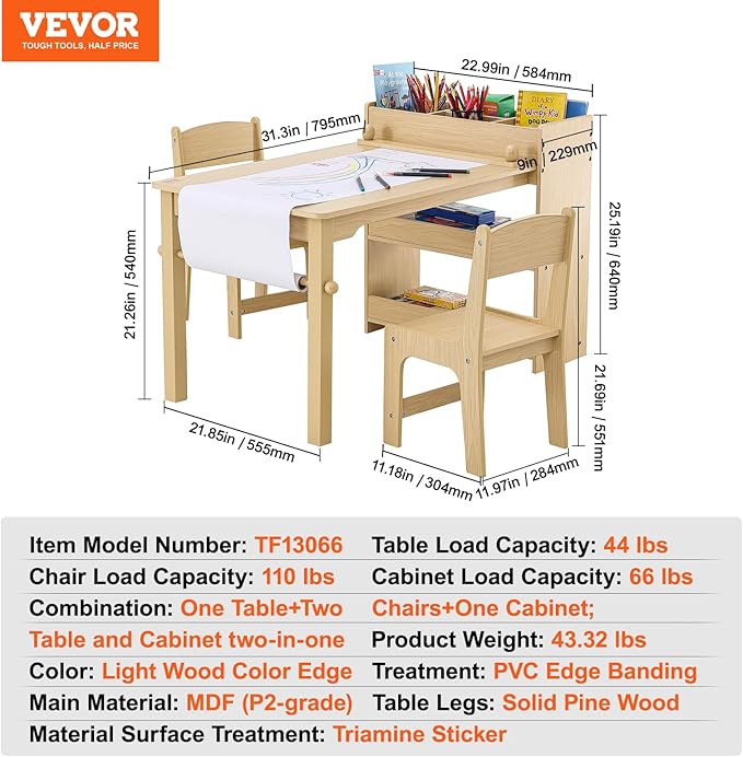 VEVOR Kids Art Table and 2 Chairs, 2-in-1 Toddler Craft and Play Activity Table, Wood Toddler Table and Chair Set with A Cabinet for Art, Craft, Reading, Learning