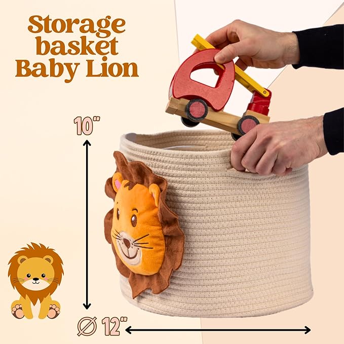 Lion Baby Basket - Charming Cotton Rope Nursery Basket, Cute Basket for Lion Nursery Decor and Toy Baskets for Kids Room, Decorative Animal Baskets for nursery