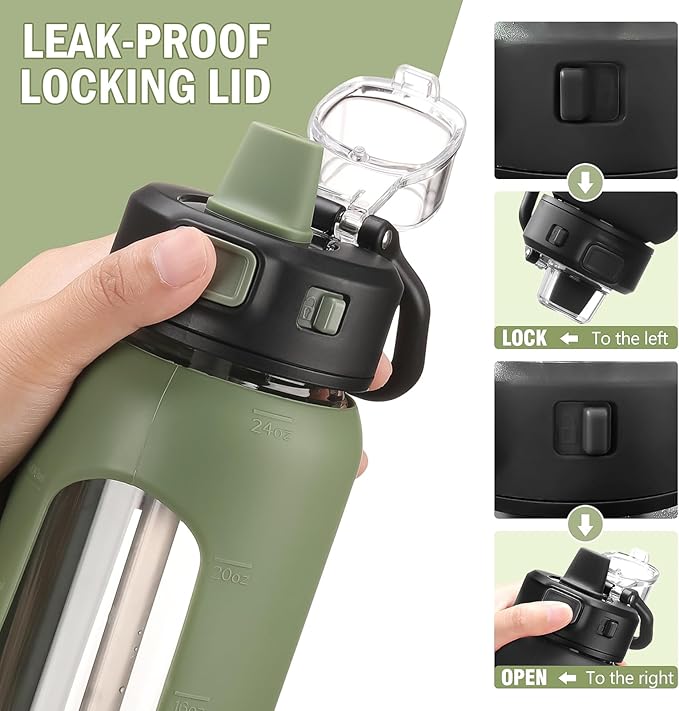 Kodrine Water Bottle With Straw and Carry Handle, Glass Water Bottle 24 oz Leak Proof Locking Lid with Soft Silicone Spout, Small Clear Water Bottle, Travel Sports Water Jug, Time Marker, Olive