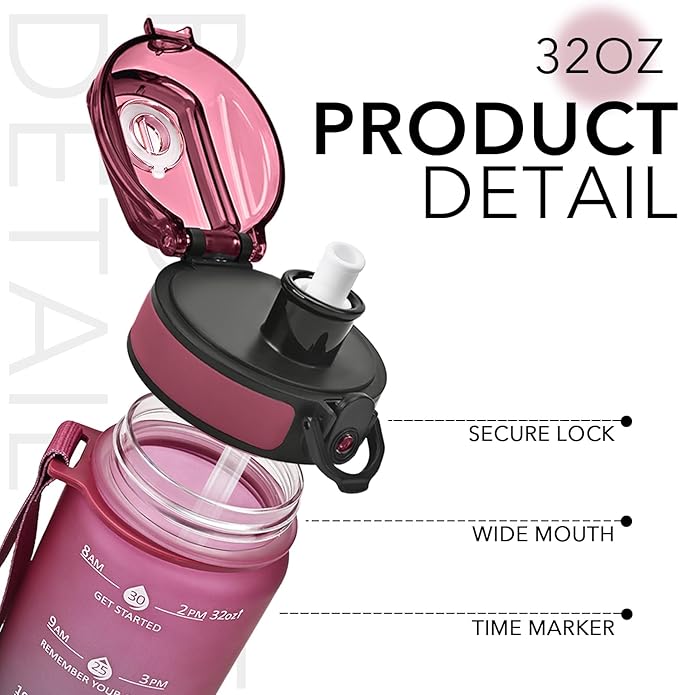 GOSWAG Water Bottles, 32 oz Motivational Sports Water Bottle with Straw and Time Marker to Remind You to Drink, Comes with Carry Strap, Leakproof