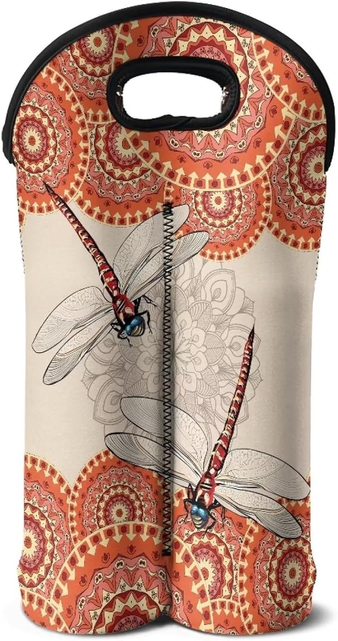 doginthehole Dragonfly Wine Carrier Tote Bag Insulated Neoprene Wine Bottle Holder Boho Style Champagne Bottles Protective Travel Bag Water Bottle Holder, 2 Bottles