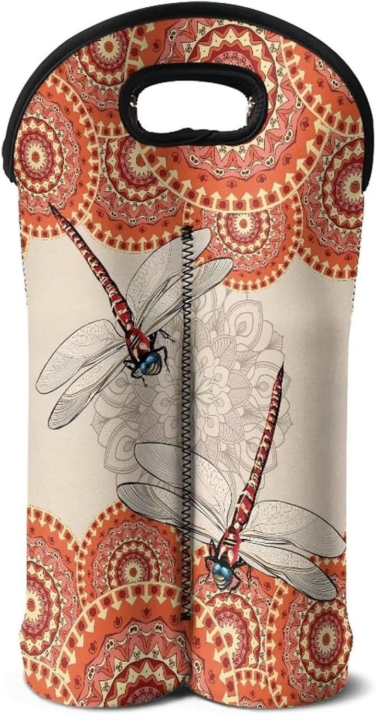 doginthehole Dragonfly Wine Carrier Tote Bag Insulated Neoprene Wine Bottle Holder Boho Style Champagne Bottles Protective Travel Bag Water Bottle Holder, 2 Bottles