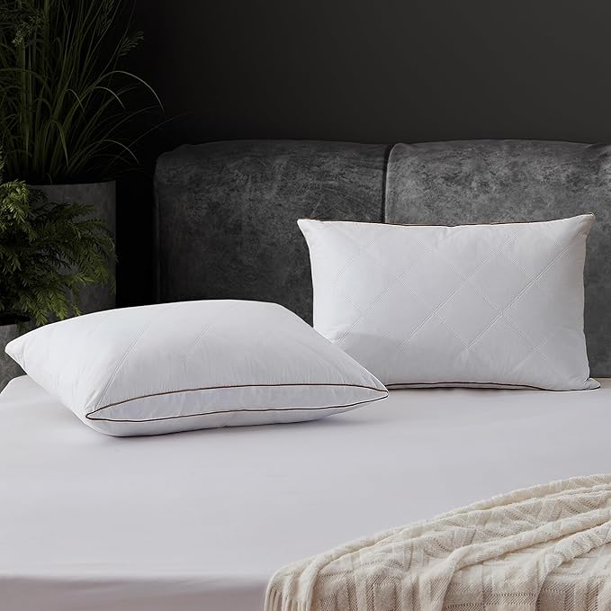 UNIKOME Goose Feather and Down Pillows,Oval Gusseted Feather Down Pillow for Sleeping, 100% Cotton Pillow Cover, King Size, Set of 2