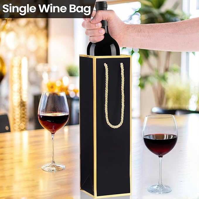 ISKYBOB 10 Packs Wine Gift Bag with Handle, Single Bottle Bags for Wine Kraft Paper Wine Bottle Gifts Box Reusable Gold Foil Gift Wine Bag for Housewarming, Business Dinner, Birthday Party (Black)