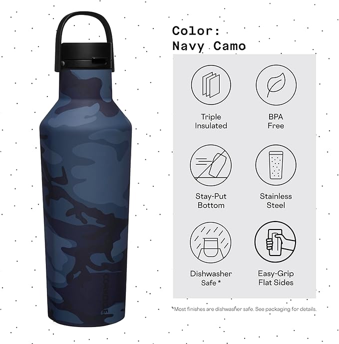 Corkcicle Insulated Canteen Travel Water Bottle, Triple Insulated Stainless Steel, Easy Grip Quick Sip Cap, Keeps Beverages Cold for 25 Hours or Warm for 12 Hours, 32oz, Navy Camo