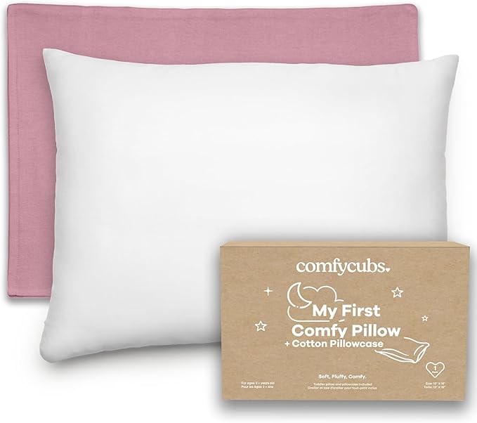 Comfy Cubs Toddler Pillow with Soft Cotton Pillowcase, 13"x18", Mauve - Kids Pillow for Sleeping & Travel - Adorable & Comfortable Small Pillow - Kids Travel Pillow with Breathable Microfiber Fill