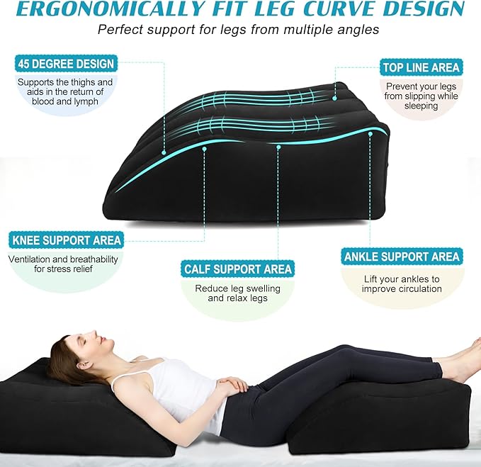 Wedge Pillow for Sleeping - Inflatable Leg Elevation Pillow for Swelling,Circulation,Leg & Back Pain Relief,Leg Support Pillow,Leg Wedge Pillows for After Aurgery,Hip,Foot,Ankle Recovery (Black)