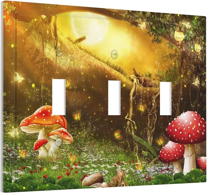 Red Mushroom Forest Fairy Moon Butterfly 3 Gang Bohemian Light Switch Covers Decorative Triple Toggle Wall Plate Electrical Faceplate Switchplate for Kidroom Nursery Bedroom Decor