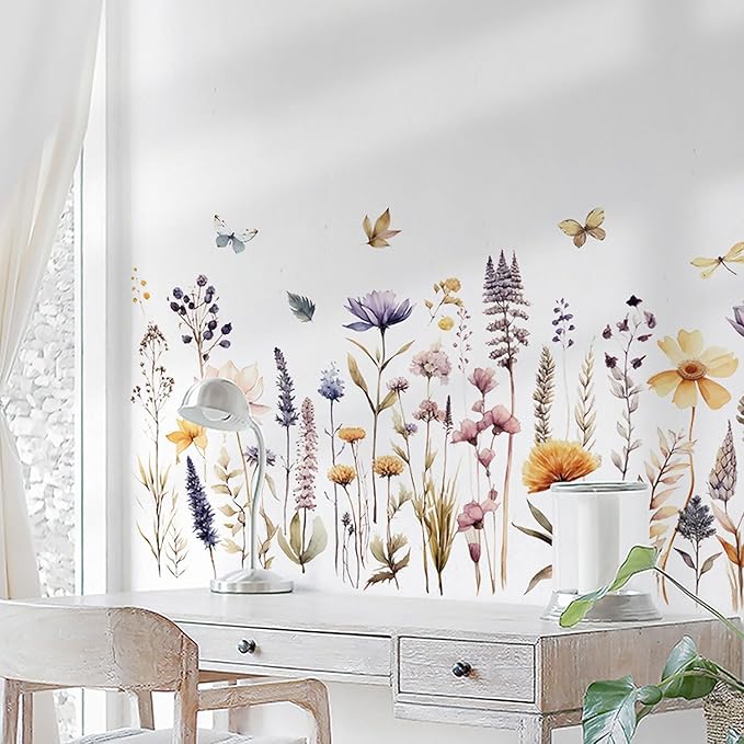 Garden Flower Wall Art Decals Pastel Flowers Wall Corner Stickers Floral Baseboard Skirting Line Corner Stickers for Girls Bedroom Living Room Kids Wall Decor