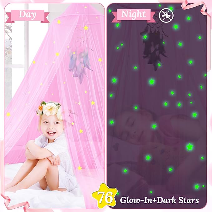 South to East Princess Bed Canopy for Girls with Glowing Stars, Pink Canopy for Girls Room, Bed Canopy Curtains from Ceiling for Twin Beds, Full Size Beds, Ideal Gift for Girls, Fire Retardant Fabric