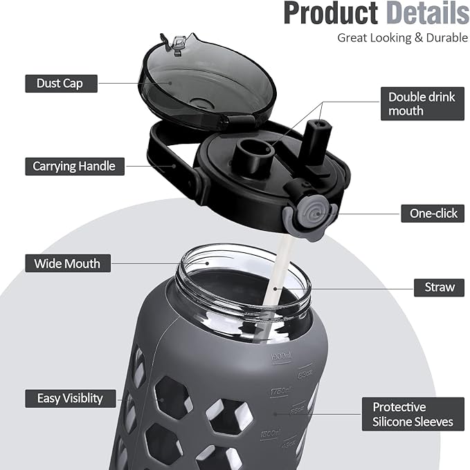 MUKOKO Half Gallon/64 oz Glass Water Bottles with Straw and Lid,Motivational Water Jug with Time Marker Reminder and Silicone Sleeve,100% Leakproof BPA Free Fitness Sports Large Bottle-Grey