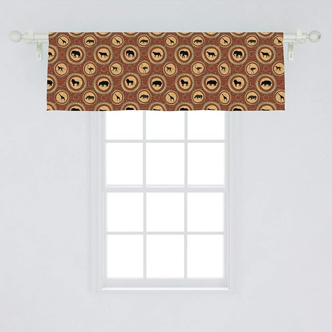 Ambesonne Savannah Window Valance, Medallion Pattern of Monkey Giraffe Lion African Inspired Ethnic Design, Curtain Valance for Kitchen Bedroom Decor with Rod Pocket, 54" X 18", Mustard and Brown