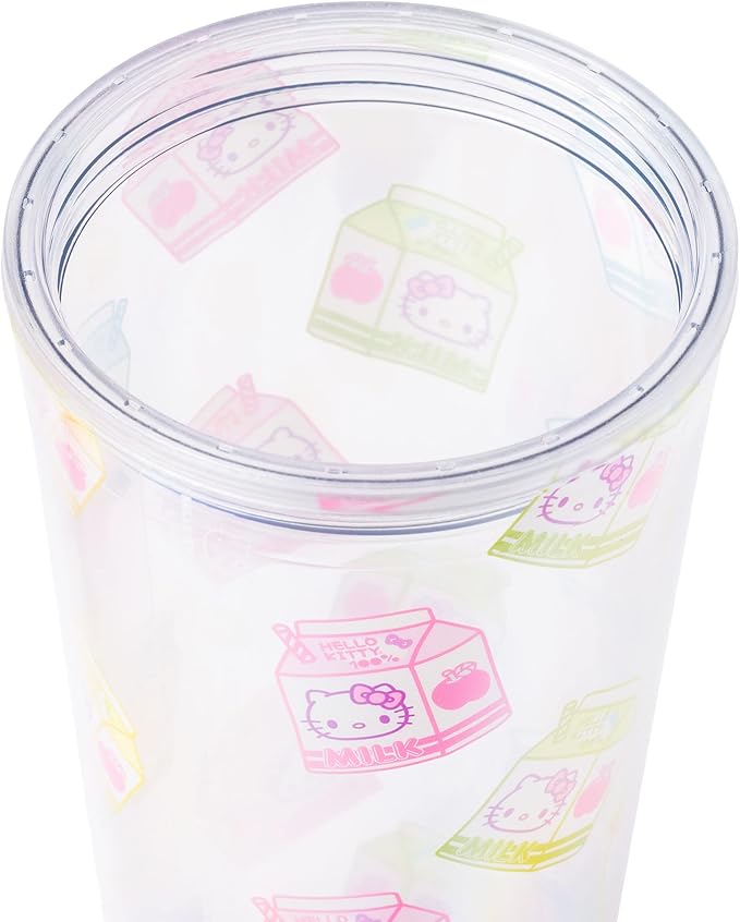 Silver Buffalo Sanrio Hello Kitty Milk Carton Pattern Plastic Boba Tumbler w Lid and Wide Straw, 24 Ounces