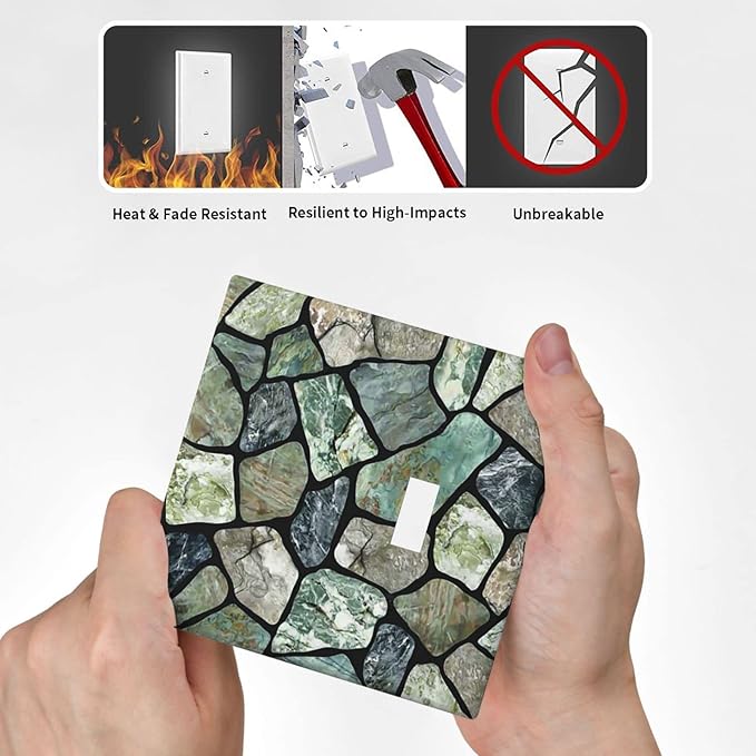 Green Stone Texture Combo Single Blank 1 Single Toggle Light Switch Wall Plate Cover Decorative 2-Gang for Electrical Room Bathroom Bedroom Home Kitchen One Receptacle 4.5" x 4.6"