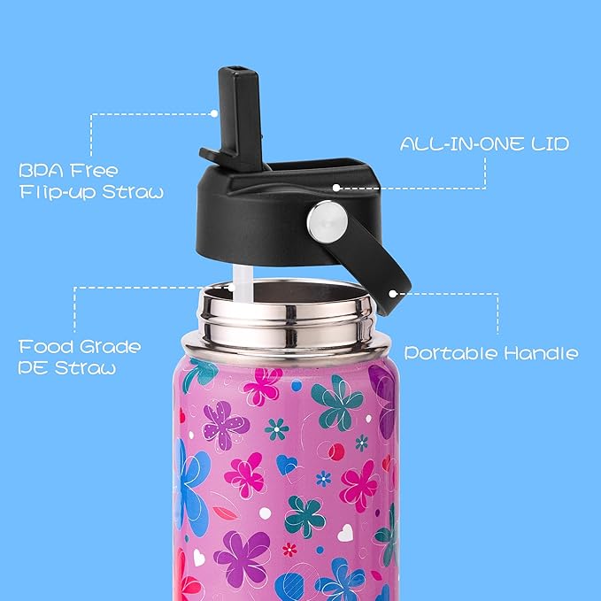 Kids Insulated Water Bottle, 2 Pack 12oz Flower Water Bottles Bulk with Flip Straw & Big Handle, 18/8 Stainless Steel, Gifts for Kids Girls to School Travel Sports, Hands Wash Only, Pink & Blue