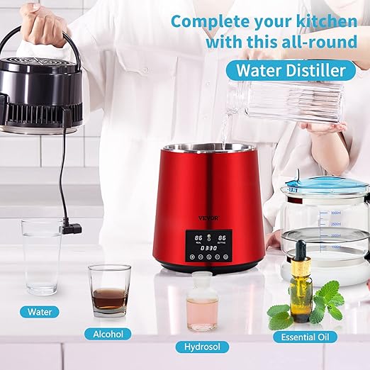 VEVOR 1.1Gal Water Distiller, 0.3Gal/H, Distilled Water Maker Machine 750W 0-99H Timing Dual Temp Display, 304 Stainless Steel Countertop Distiller Glass Carafe Cleaning Powder 3 Carbon Packs, Red