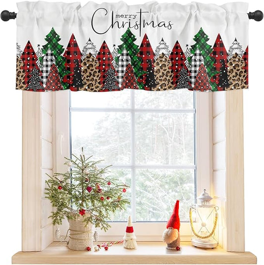 Merry Christmas Valance Curtains for Kitchen Windows Buffalo Plaid Xmas Tree Winter Forest Farmhouse Rod Pocket Window Treatment Toppers for Kitchen/Living Room/Bedroom/Bathroom, 42" X 12",Red Green