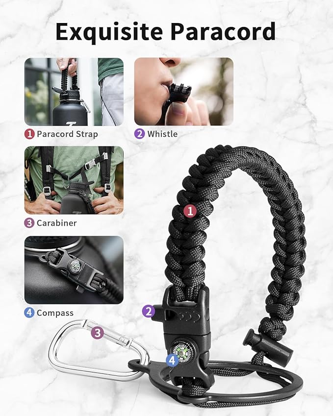 Trebo Water Bottle 87oz with Paracord Handle, Half Gallon Food-grade Double Wall Vacuum Stainless Steel Insulated Jug with Straw Spout Handle Lids, Leakproof Keep Cold & Hot,Black