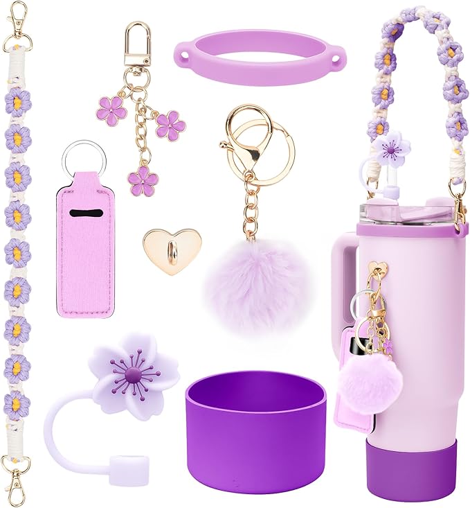 Stanley Cup Accessories Set Including 1 Pcs Water Bottle Handle Strap, 1 Pcs Siliocne Straw Cover, 1 Pcs Siliocne Stanley Cup Boot, 3 Pcs Stanley Charms for Stanley Cup 40oz & 30oz Tumbler - Purple