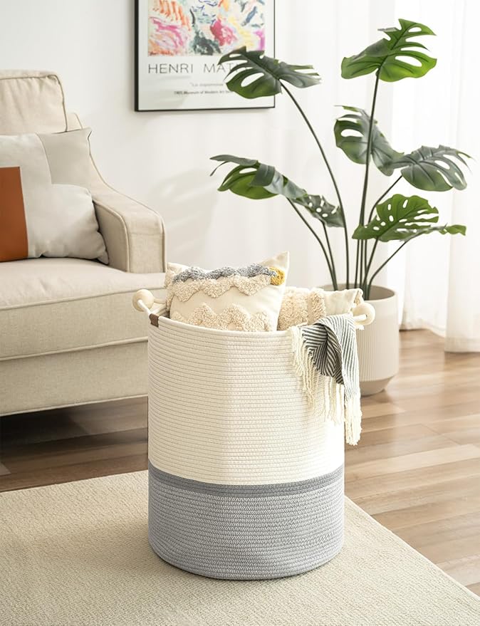 StorageWorks 72L Cotton Rope Laundry Basket with Wooden Beads Handles, Woven Basket for Storage, Dirty Clothes, Kids Toys, Towels, White & Grey