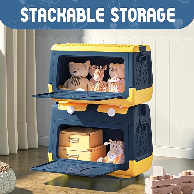 Toy Box Chest with Lid, Dinosaur Collapsible Storage Organizer for Kids Boys Girls, Plastic Stackable Toddler Toy Bins with Building Block Lid (Blue)