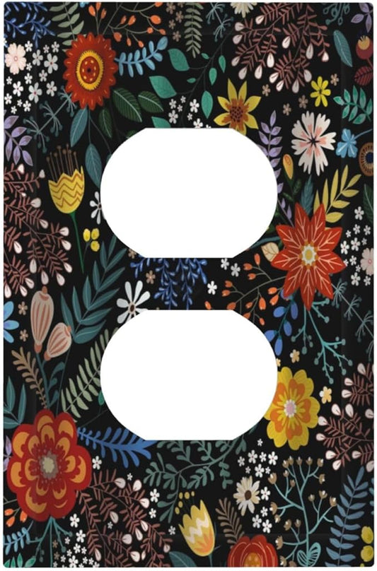 Vintage Colorful Flower Boho Floral Rustic Dark Leaves Single Duplex Wall Plate Covers Light Switch Cover 1 Gang Outlet Plate Decorative Switchplate Covers Electrical Faceplate for Farmhouse Bedroom