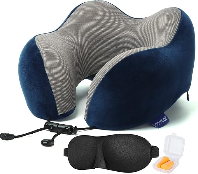 GOTDYA Travel Pillow,Travel Neck Pillows for Sleeping,100% Pure Memory Foam Soft Comfort & Support Pillow for Airplane/Car/Office&Home Rest Use-Blue