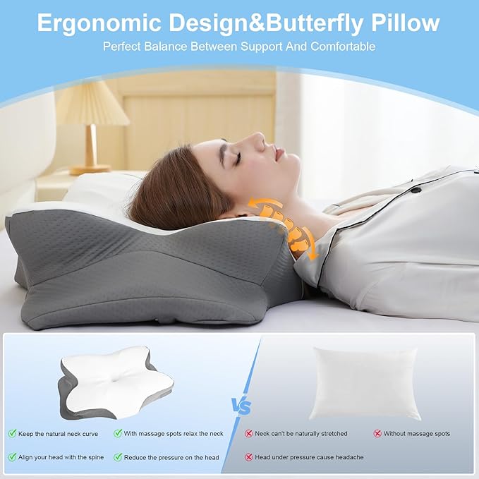 Memory Foam Pillows, Ergonomic Pillow for Neck Pain Relief, Bed Pillow for Sleeping, Cervical Neck Pillow for Side, Back, Stomach Sleeper with Cool Pillowcase, Side Sleeper Pillows for Adults