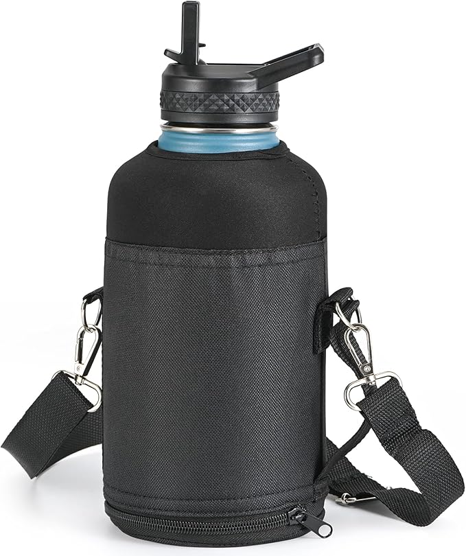 Water Bottle Holder Carrier Bag Crossbody with Adjustable Shoulder Strap, 64 128 oz Sports Water Bottle Sleeve Accessories for Biking Hiking Travelling Camping, Black