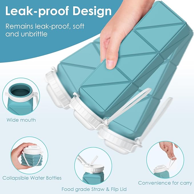 Collapsible Water Bottles 20.7oz Leakproof with Straw Lid Food-Grade BPA-Free Silicone Travel Foldable Water Bottles for Sports Office Gym Hiking Driving 610ML (Type2 Green)