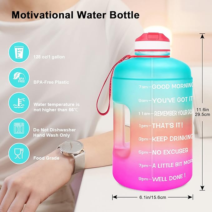 QuiFit Motivational Gallon Water Bottle - with Straw & Time Marker BPA Free Large Reusable Sport Water Jug with Handle for Fitness Outdoor Enthusiasts Leak-Proof
