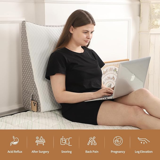 Wedge Pillow for Sleeping, 8 Inch Cooling Triangle Bed Pillow with Removable Cover, Elevated Body Pillow for Back Support, After Surgery, Snoring, Neck, Leg and Acid Reflux