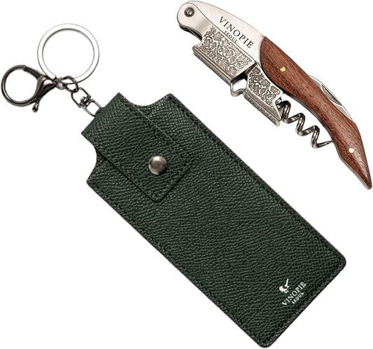 Professional Wood Grapevine Pattern Sommelier Knife With Green Leather Wine Keyring with Ergonomic Wood Grip, Beer Bottle Opener Foil Cutter Waiters Corkscrew Wine Opener