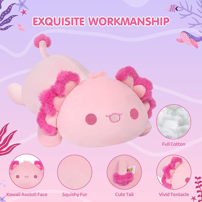Cute Axolotl Plush Pillow, Kawaii Plushies Pink Axolotl Stuffed Toys, Squishy Plushies, Cuddle Plush Pillow for Boys & Girls