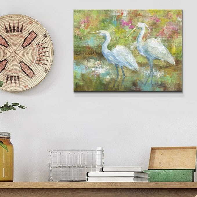 Renditions Gallery Canvas Nature Wall Art Modern Paintings Decorations Elegant White Egrets Abstract Multicolored Bontanical Wall Hanging Artwork for Bedroom Office Kitchen - 18"x27" LT33