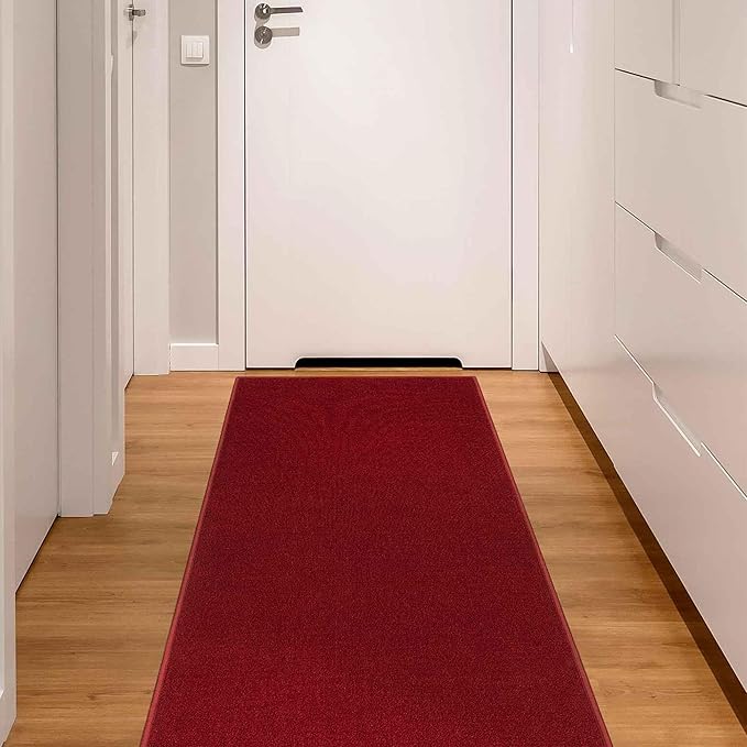 Machine Washable Modern Solid Design Non-Slip Rubberback 2x12 Traditional Runner Rug for Hallway, Kitchen, Bedroom, Living Room, 1'10" x 12', Red