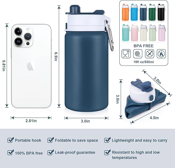Collapsible Water Bottle, Foldable Water Bottle BPA Free Reusable Lightweight Leak-Proof Travel Silicone Water Bottle for Travel, Gym, Hiking, Office, Camping