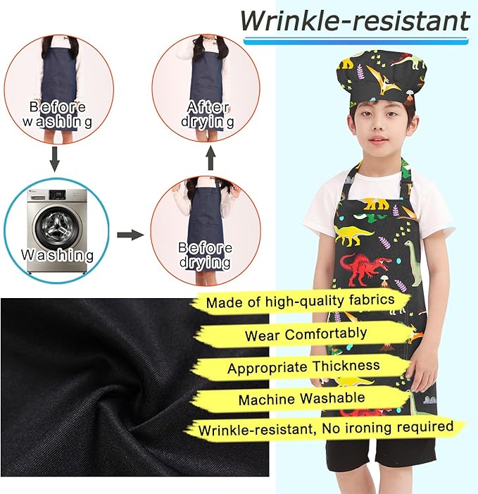 Kids Apron Chef Hat Set for Boys and Girls Adjustable Neck Strap Hook and Loop Fastener Design Waistband for Baking