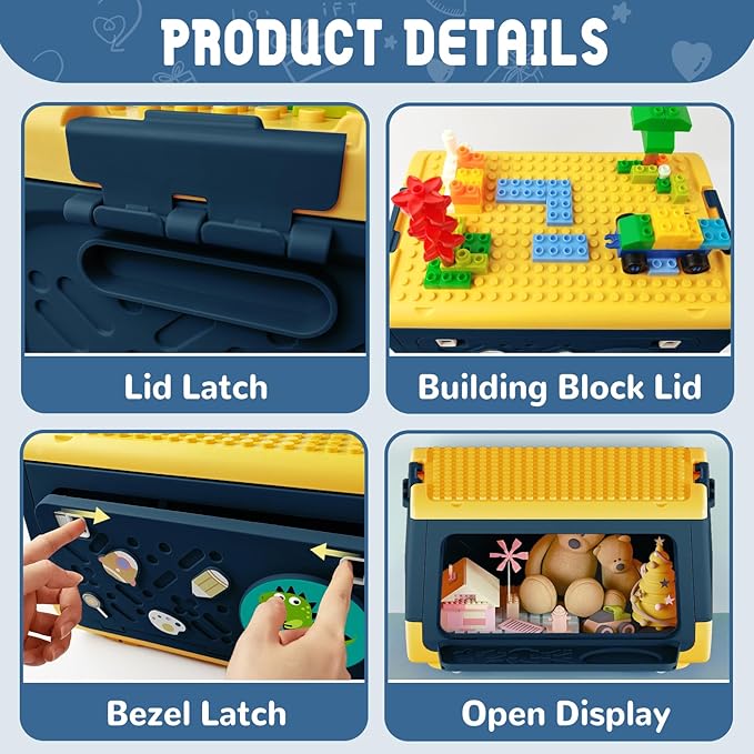 Toy Box Chest with Lid, Dinosaur Collapsible Storage Organizer for Kids Boys Girls, Plastic Stackable Toddler Toy Bins with Building Block Lid (Blue)