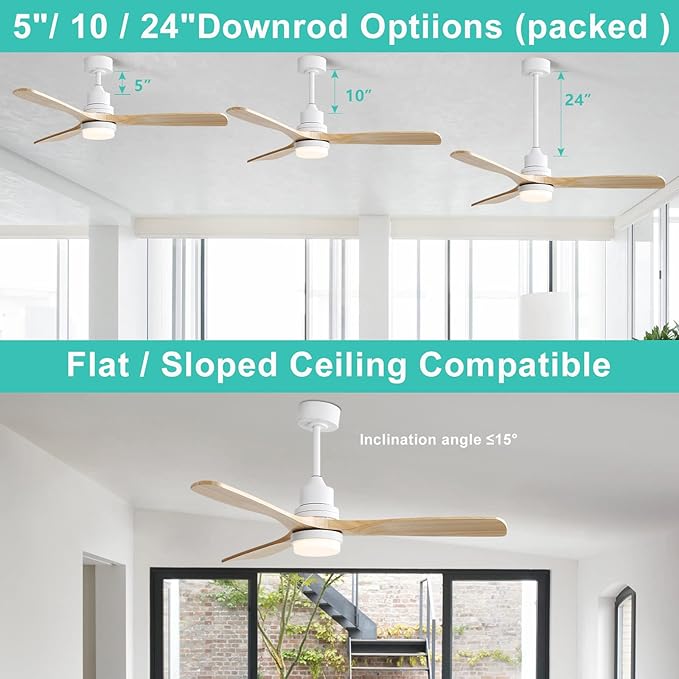 Sofucor 52" Ceiling Fan with Lights and Remote Control, Indoor Outdoor Mordern Wood Ceiling Fan with Reversible Quiet DC Motor, 6 Speed, 3 Downrods, for Farmhouse Bedroom Patio Balcony